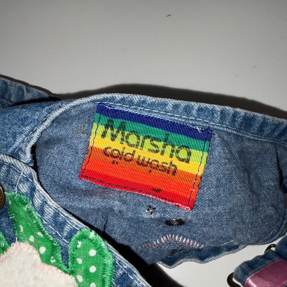 Vintage Osh Kosh Bgosh Custom Denim Bunny Overalls Hearts Rhinestones Blue Pink